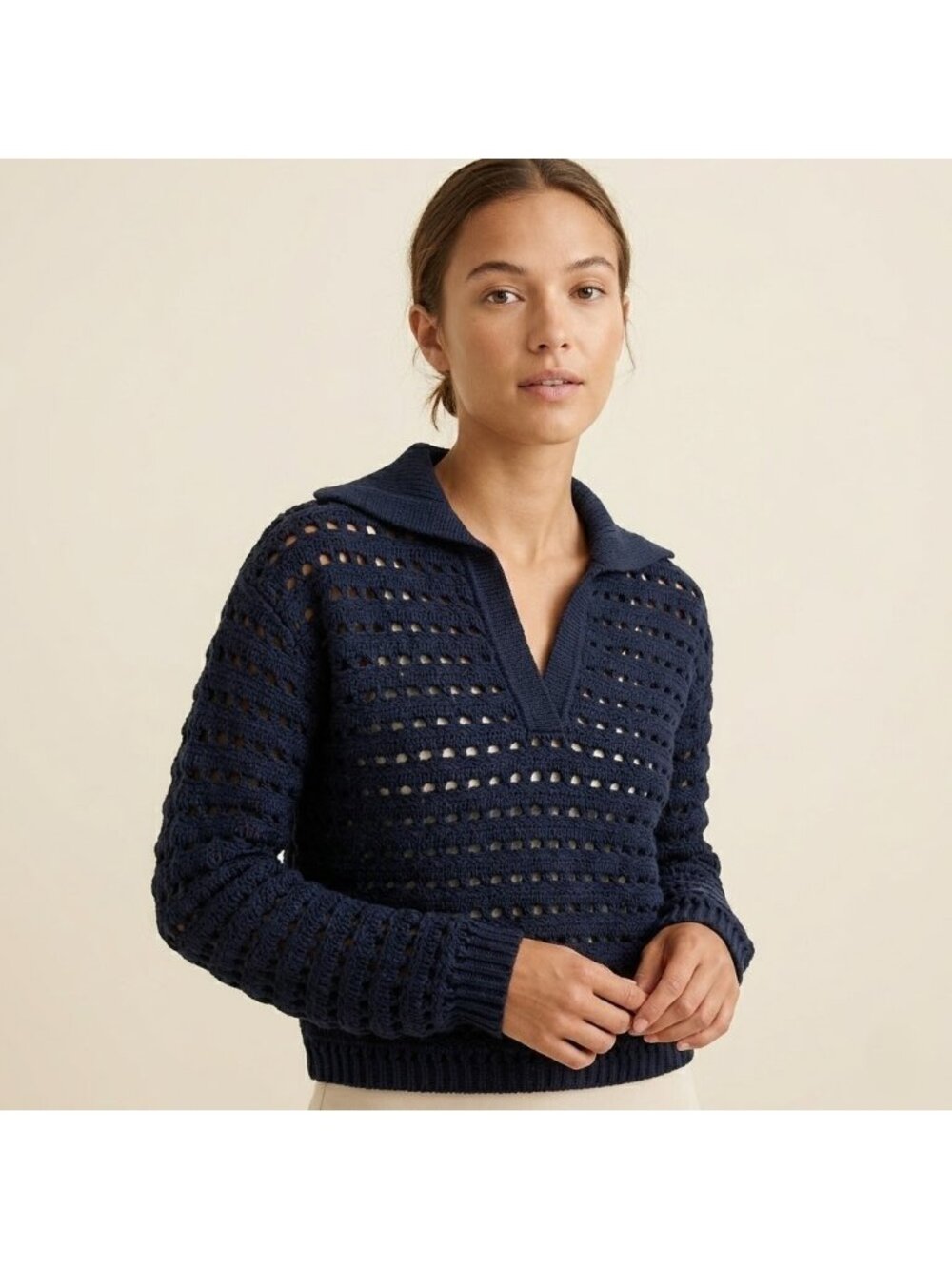 NWT J.Crew Collection Cashmere Sailor-Collar Pointelle Sweater in Navy M